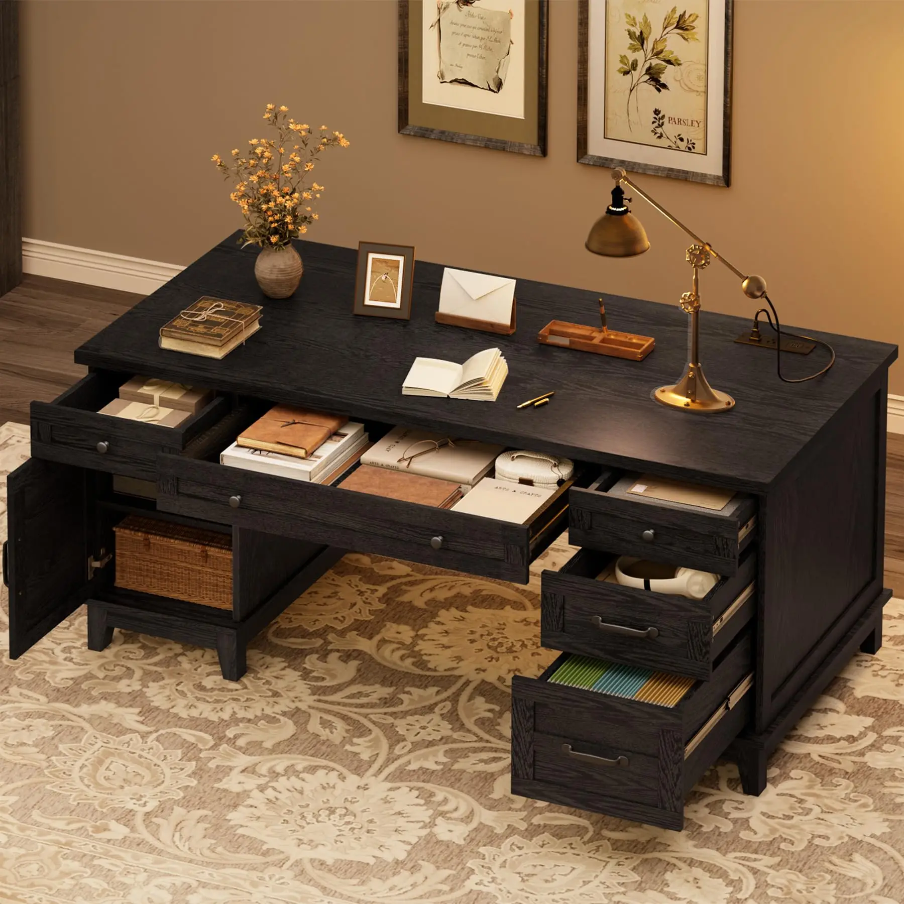 Farmhouse Executive Desk with File Drawers, 60 in Home Office Desk with Charging Station, Wooden Computer Desk with