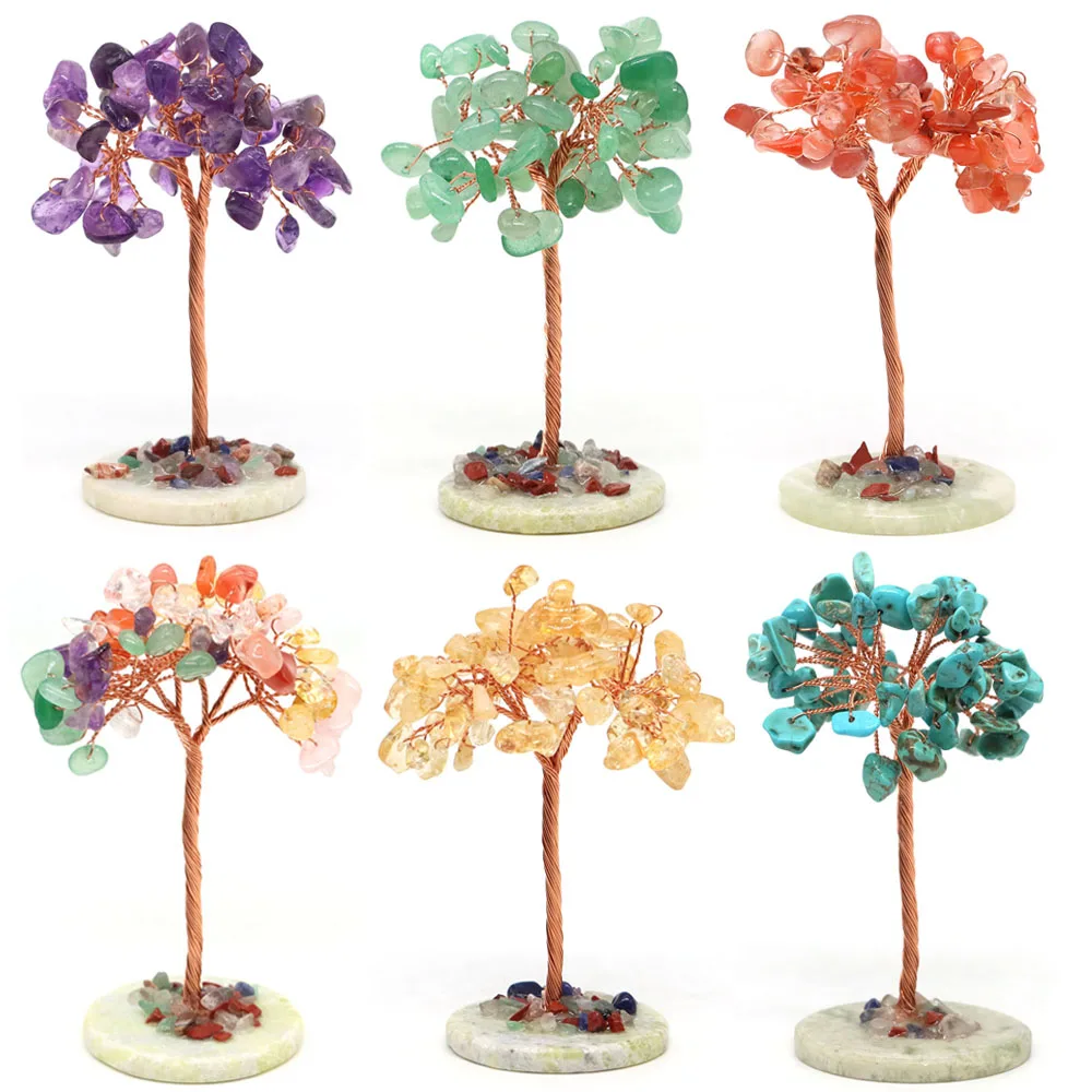 Natural 7 Chakra Stone Healing Crystal Money Tree on Gemstone Base Feng Shui Crystals for Home Office Desk Decoration