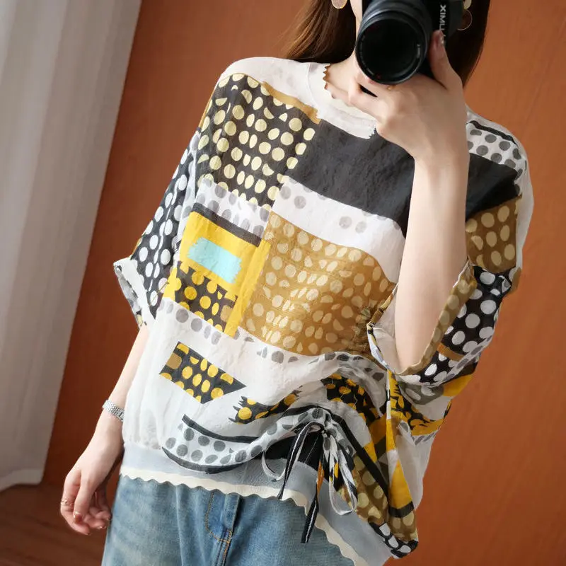 Street Fashion Polka Dot Color Spliced Blouse Woman 2023 Summer New Casual O-Neck Half Sleeve Loose Oversized Shirring Shirts