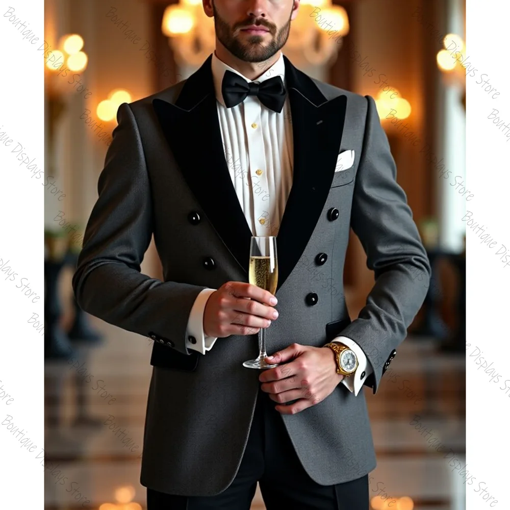 

Серый мужской костюм с двубортными лацканами, деловой повседневный деловой костюм Homme, облегающий комплект из 2 предметов, куртка, брюки