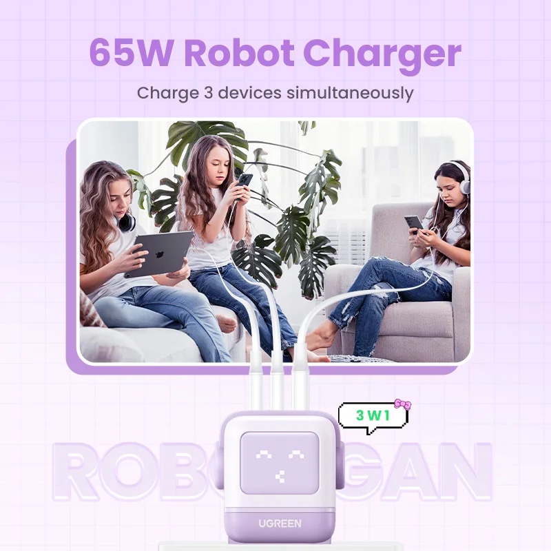 New！UGREEN 65W GaN Charger Robot Design Quick Charge 4.0 3.0 PPS for iPhone 16 15 14 Pro Macbook Laptop Tablet PD Fast Charger