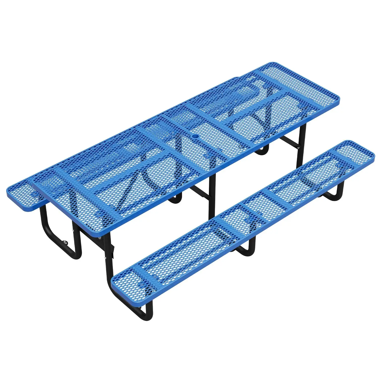 8 Ft Heavy Duty Metal Picnic Table with Umbrella Hole, Seats 10, Blue
