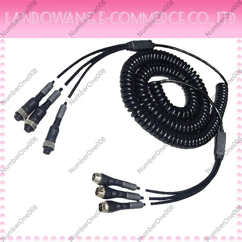 Truck 3-in-1 Video Extension Cable 8m Triple to Triple Aviation Head Monitor Extension Wire 4-Way Reverse Image Spiral Cord