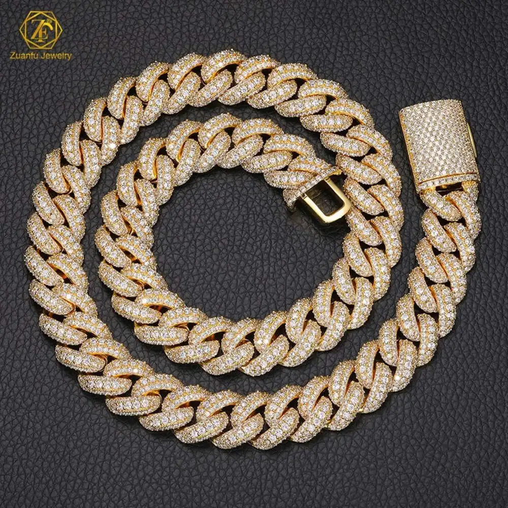 

Fine Jewelry Iced Out Mens Necklace 15mm 18inches 3 Rows Moissanite Hip Hop Jewelry 925 Silver Yellow Gold Plated Cuban Chain