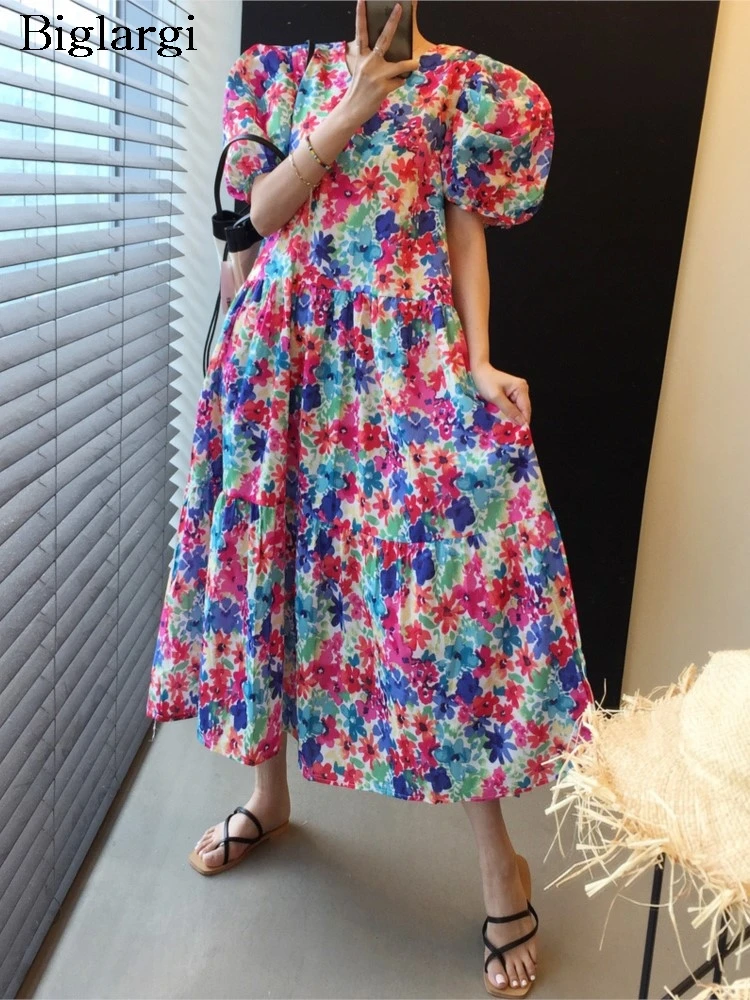 

Summer Long Dress Women Floral Flower Print Fashion Loose Ruffle Pleated Ladies Dresses Casual Korean Woman Short Sleeve Dress