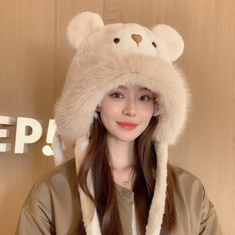 Fluffy Fur Ear Protection Cap For Women Windproof Warm Headgear Bonnet Cute Bear Earmuffs Cap Winter Plush Fisherman Hat