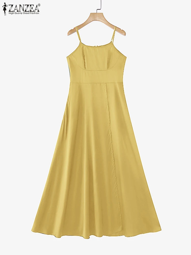 ZANZEA-vestido largo liso de 3 colores para mujer, Vestidos sexis sin mangas con tirantes, vestido veraniego para fiesta de verano, batas holgadas elegantes con abertura larga