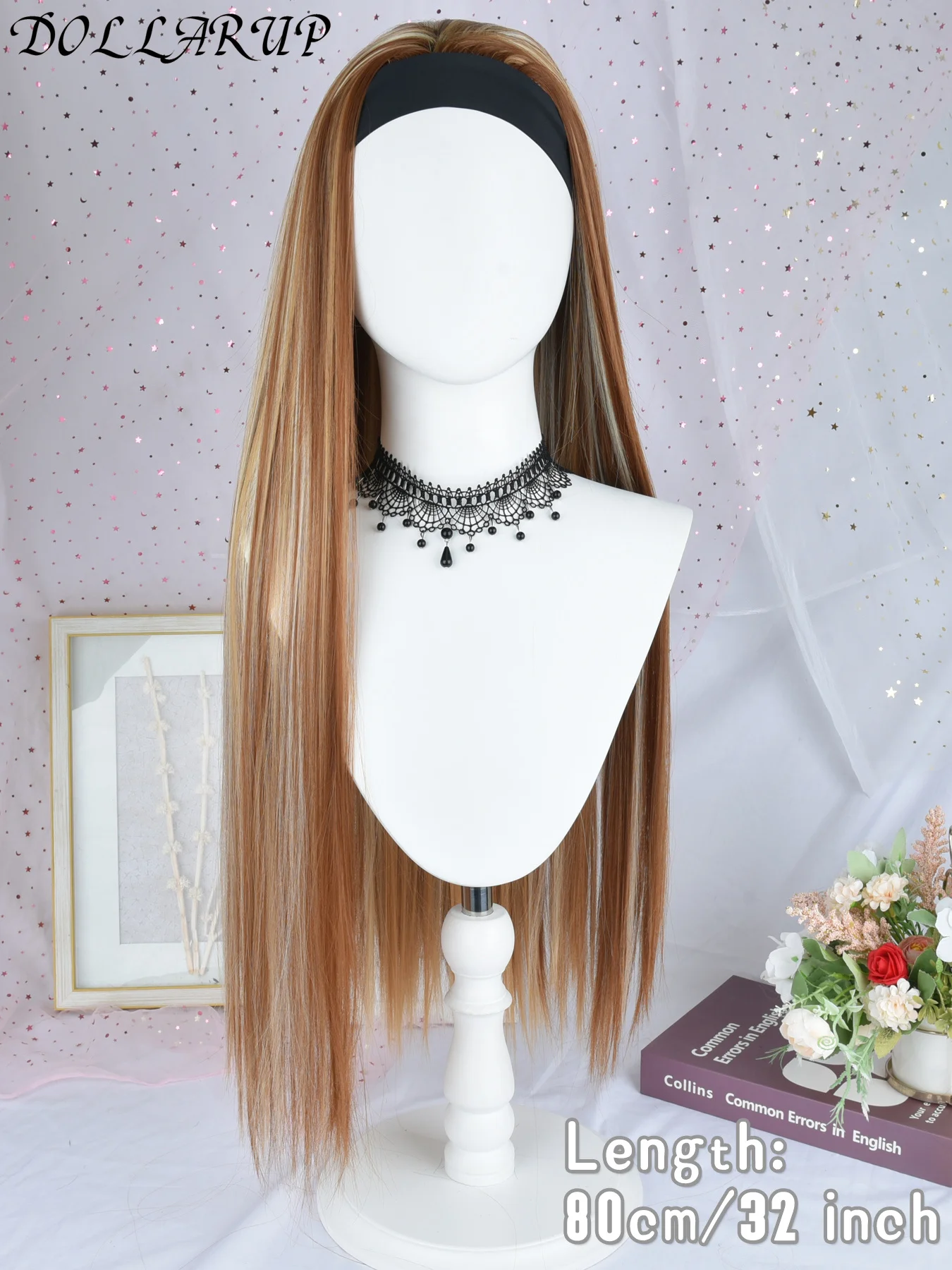 Pelucas de diadema con reflejos negros y marrones de síntesis para mujeres negras, pelo largo y liso con cuerpo de 32 "con diadema adjunta de aspecto Natural