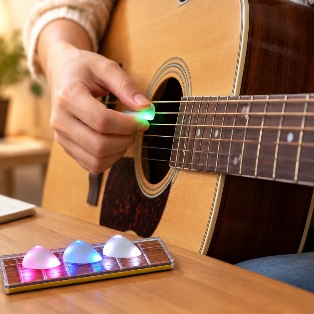 Thickness 0.6mm/0.9mm/1mm Guitar Luminous Picks Food-Grade Plastic 3.5* 3.5cm LED Lightning Pick 3 Colors Touch Glowing Picks