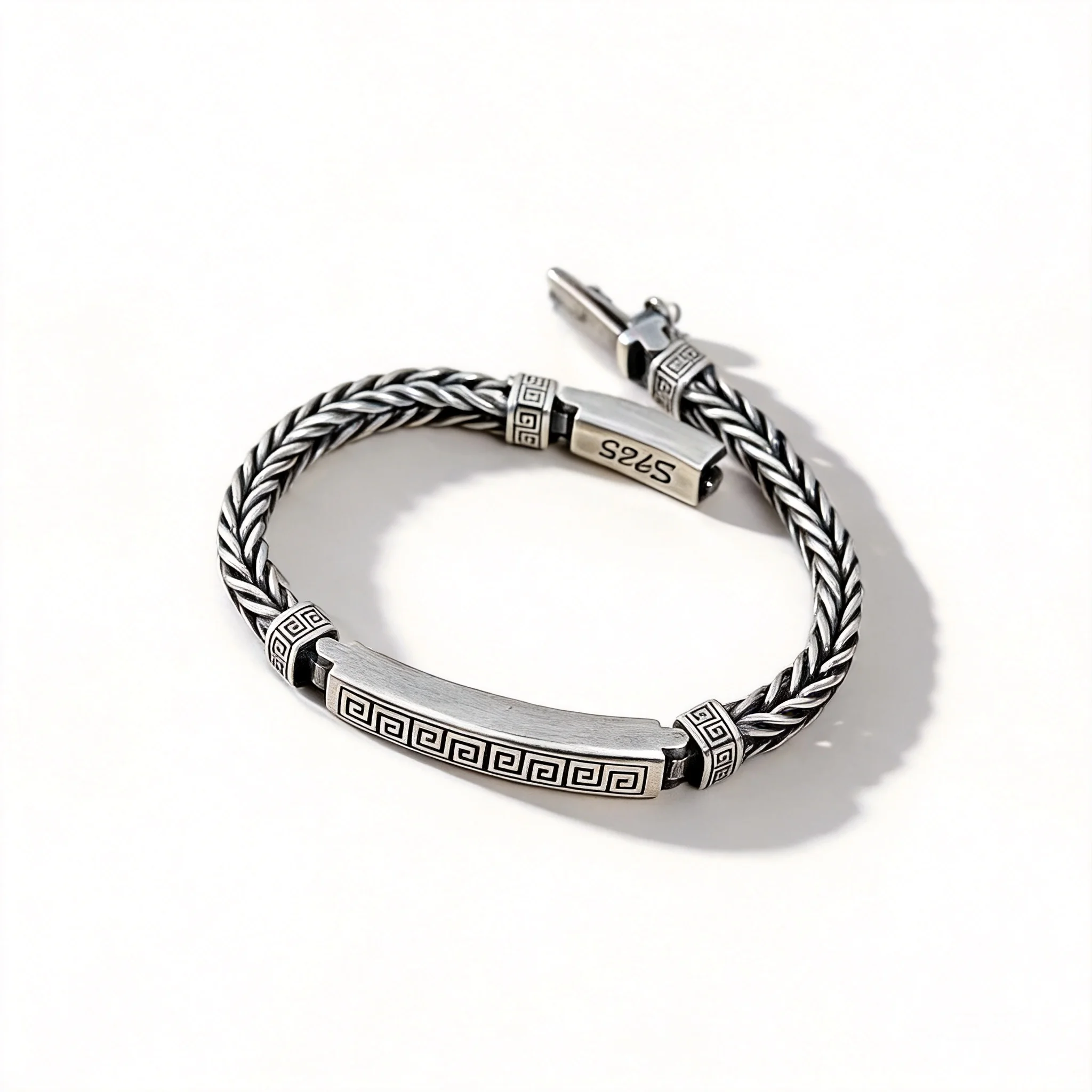 Chinese Style Lucky Blessing Silver Plated Bracelet For Men Vintage Hand Woven Twist Meander Pattern Insert Buckle Good Fortune