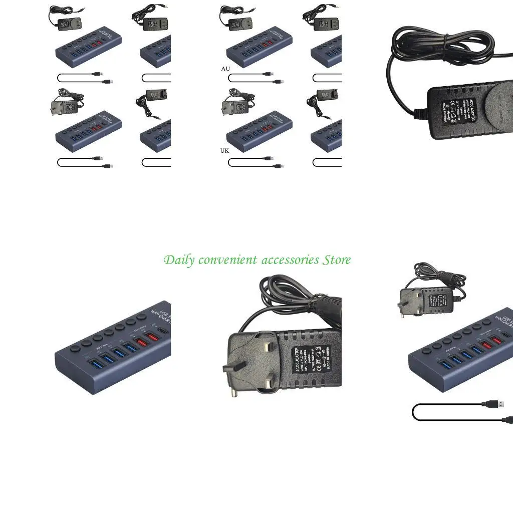 

97QB USB Hub, 6 Port USB3.0+ Type C Hub 5Gbps with 36W Power Adapter and Male to Male USB3.0 Data Cord for PC and Laptop