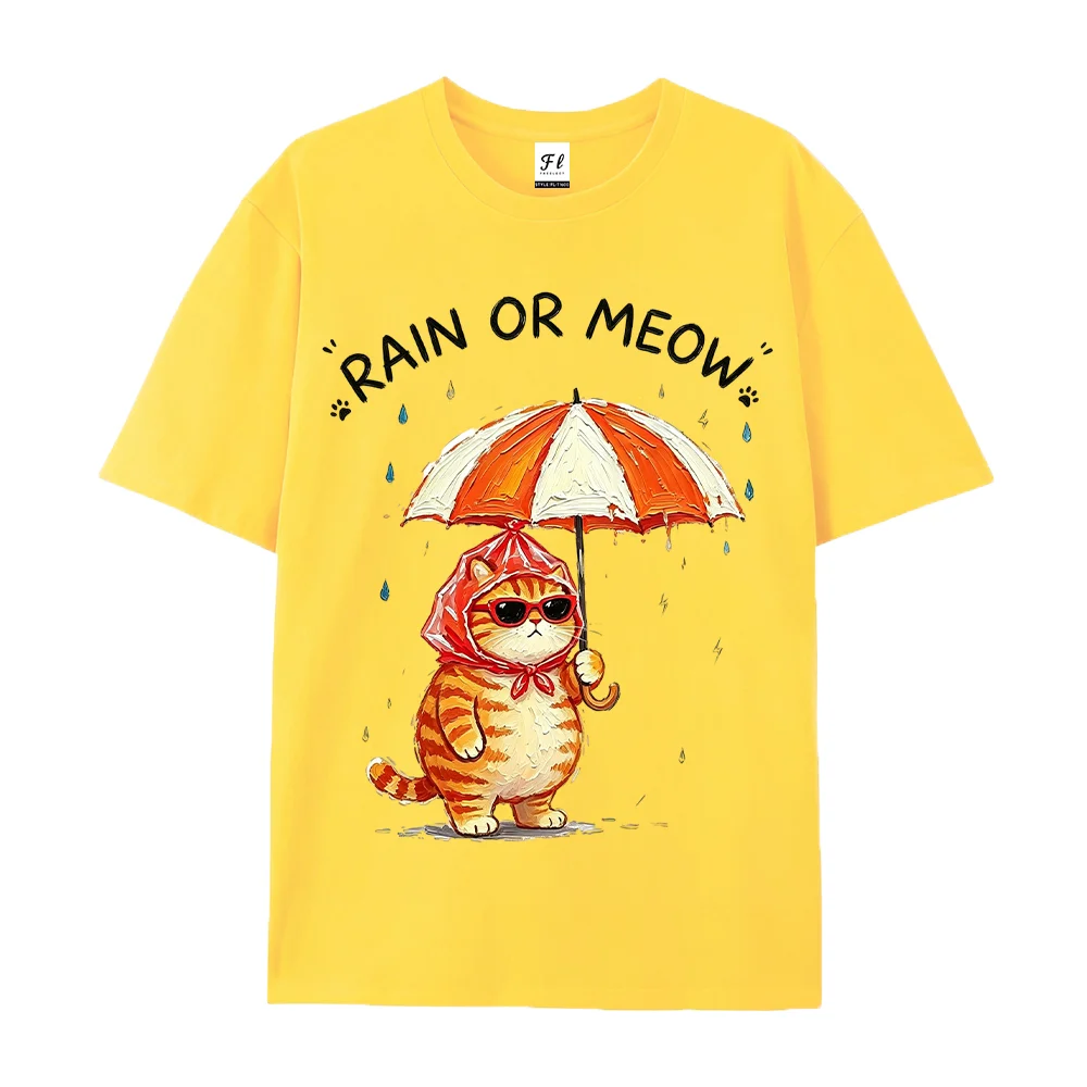 Unisex Funny Cat Graphic T Shirt Rain Or Meow Cute Orange Cat Holding Umbrella Print Tees Casual Short Sleeve Aesthetic Lover