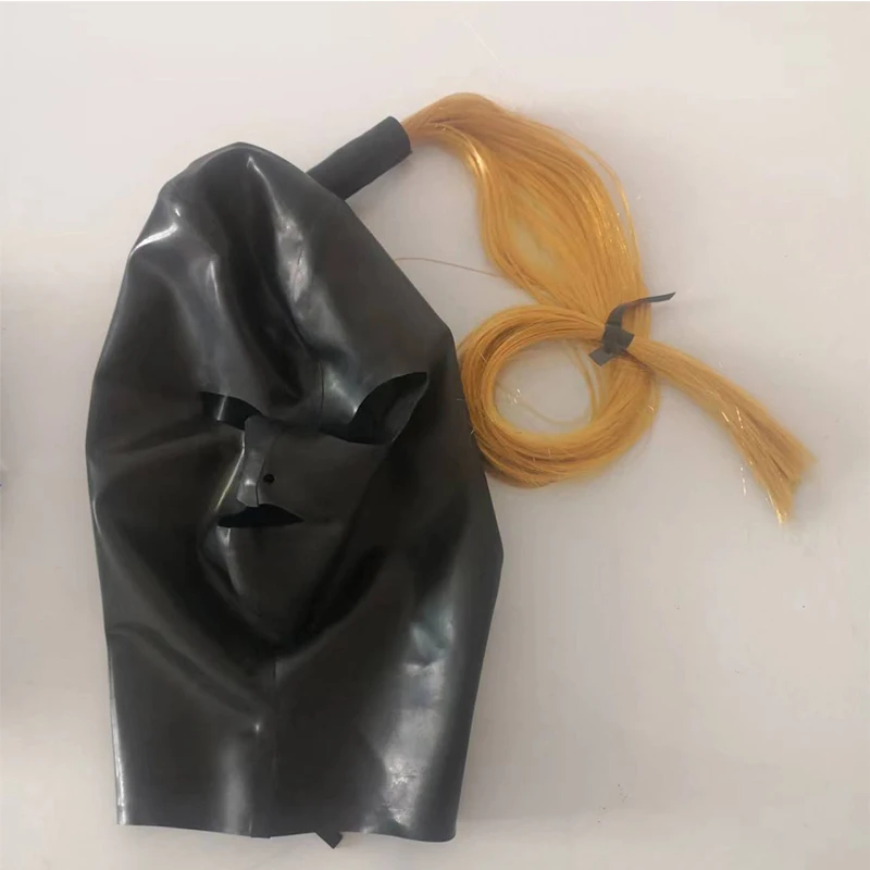 Hot Latex Hood with Blond Pigtail Back Zipper Fetish Rubber Mask with Golden Wig Hair Cosplay Head Cover Halloween costume