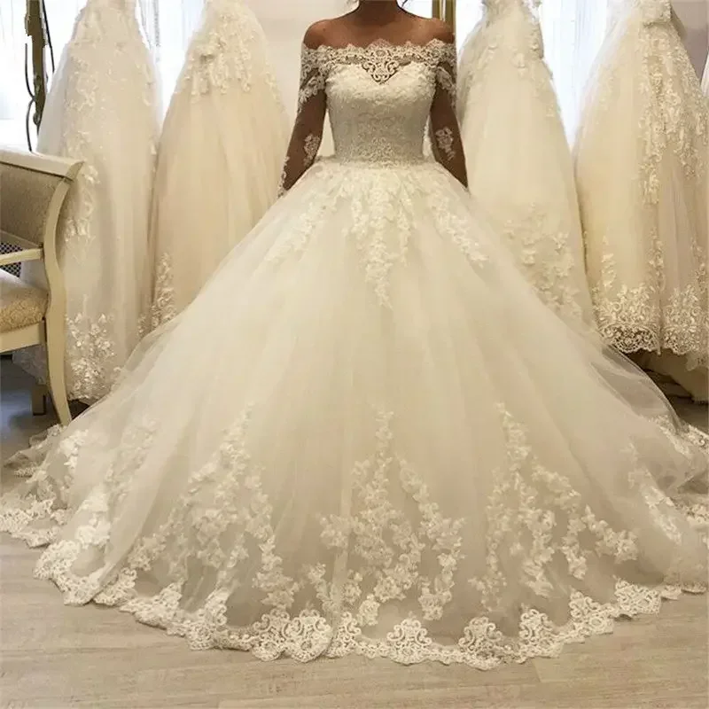 فساتين زفاف مخصصة بأكمام طويلة قبالة الكتف فساتين زفاف Vestido Noiva Casamento مزينة بالدانتيل مشد Ballgown زي العرائس