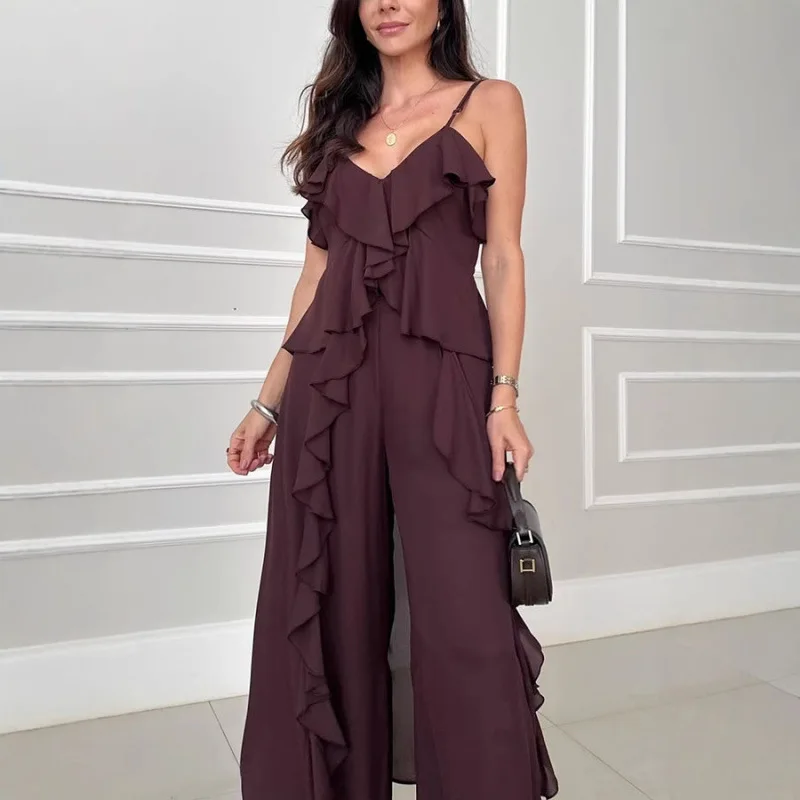 

Casual Chiffon Frilled Trousers For Women 2-piece Set V-neck Sleeveless Split Top Loose Wide-leg Trousers 2025 Summer Ladies Set