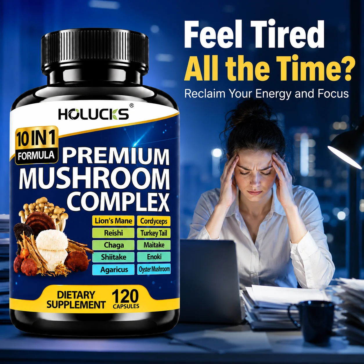 10‑in‑1 Mushroom Complex Supplement, Lion's Mane & Multi Mushroom Formula,Promote Cognitive Clarity, Mental Focus,Immune Defense