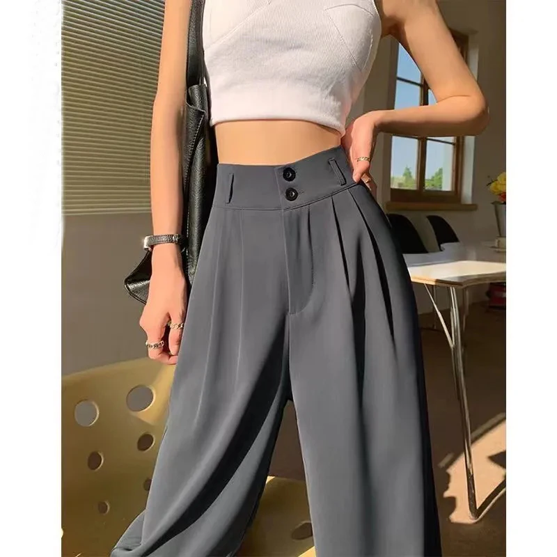 Vintage Suit Wide Leg Pants Women Grey Summer Fashion High Waist Straight Pants Office Ladies Loose Casual Thin Trousers New