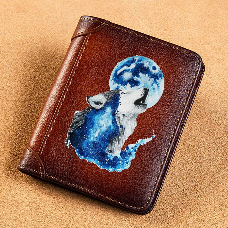 

High Quality Genuine Leather Wallet Howling Wolf In The Moon Printing Standard Purse BK287