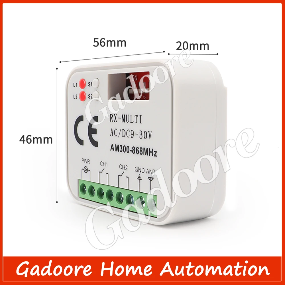 Gadoore Universal RX Multi Garage Door Receiver Frequency 300-868MHz Garage Door Remote Control Receiver 2 CH Controller Switch