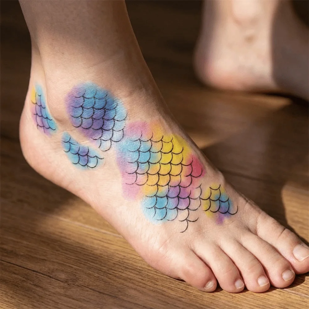 

10 листов переводных наклеек для татуировок: Временные татуировки с чешуей русалки, имитация разноцветной рыбьей чешуи, водонепроницаемые, мгновенные