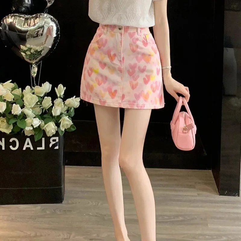 2026 New Pink Denim Mini Skirt Women High Waist Heart Print Jean Skirt Streetwear A-Line Casual Summer Short Skirt
