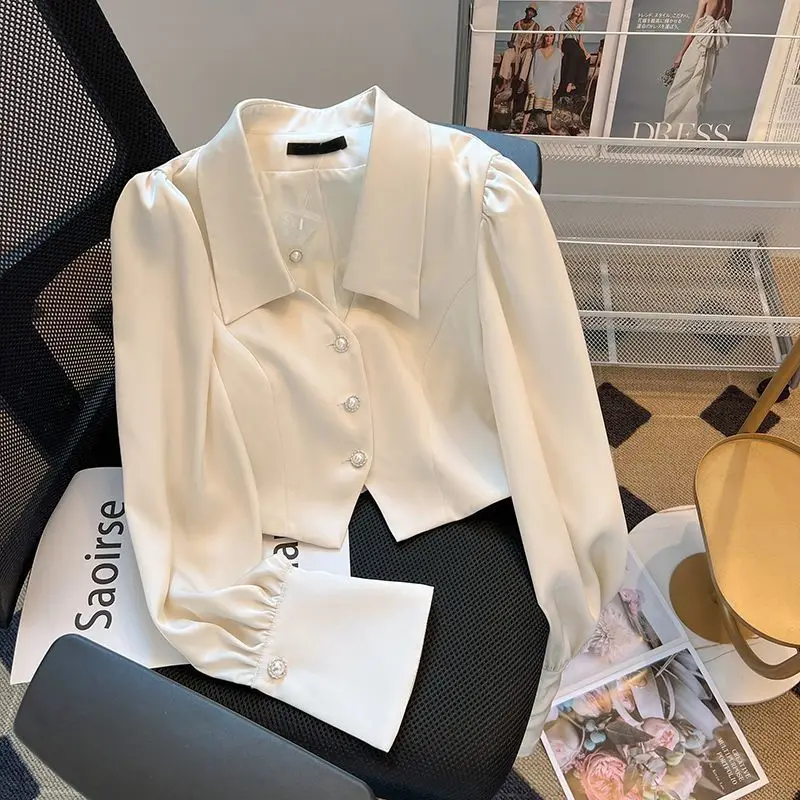 

French Retro V-neck Satin Shirt for Women in Spring and Autumn Design Niche Waist Short Puff Sleeve Lapel Top