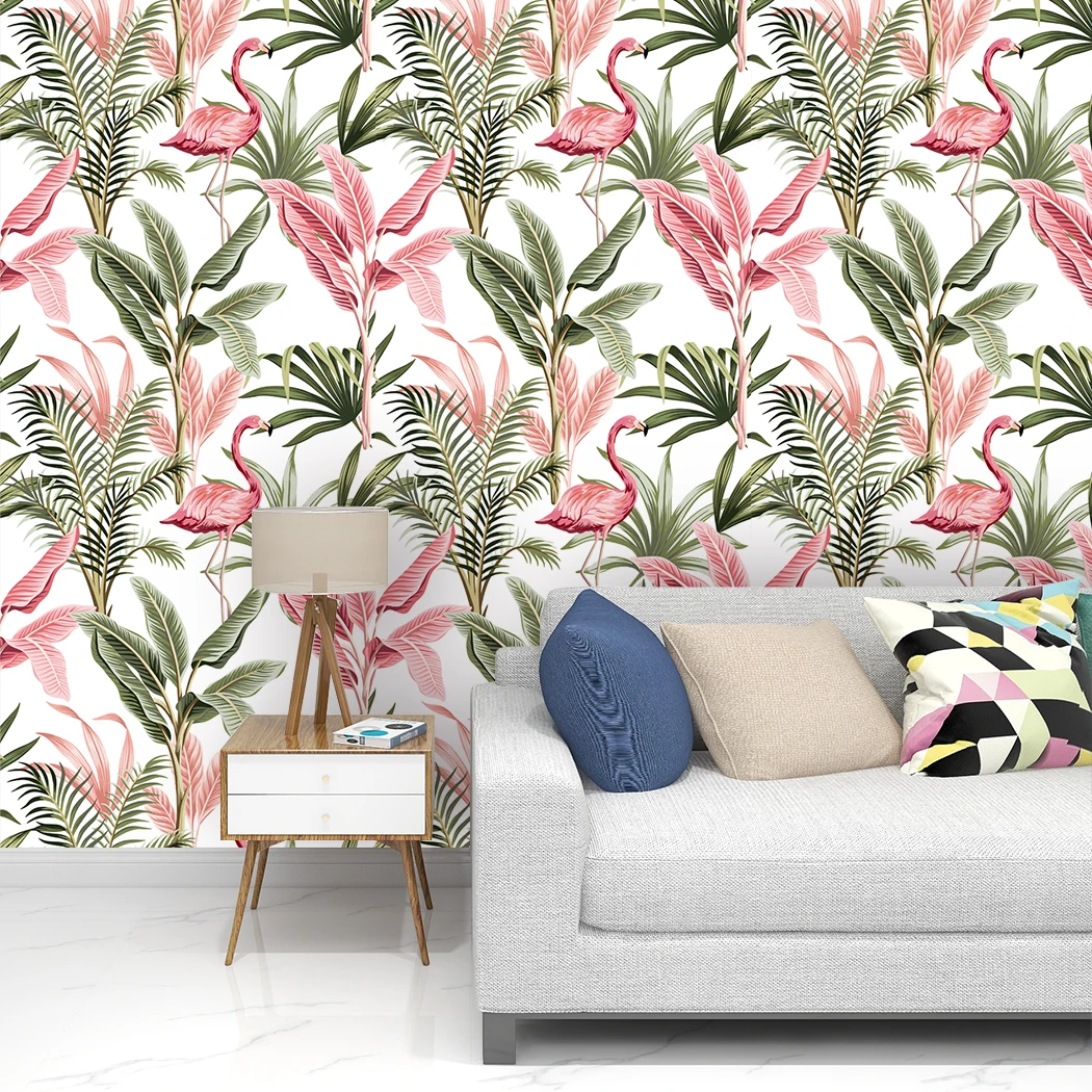 

Nordic Room Decal Pink Flamingo Wallpaper Green Leaf Tropical Peel and Stick Wallpaper Removable Vinyl Self Adhesive Wallpaper