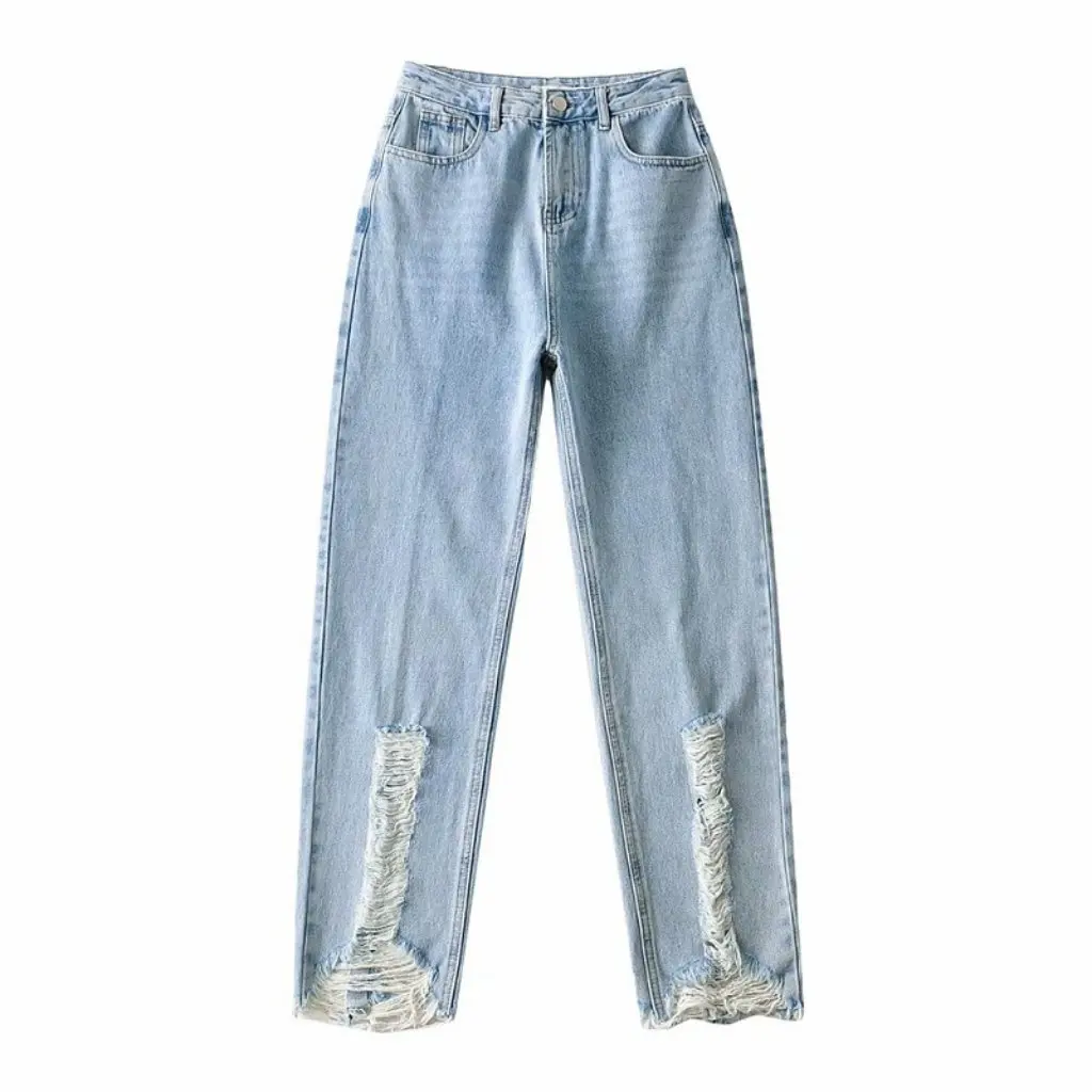 YPFF Calça jeans feminina cintura alta emagrecedora reta moda europeia americana verão redução de idade com rebarbas e buracos
