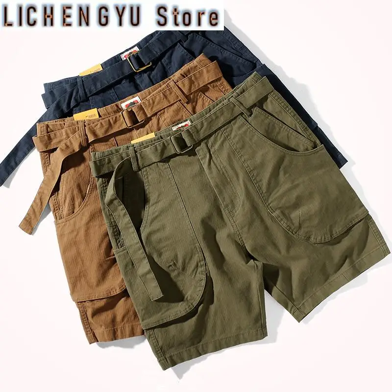 

Summer New Tooling Shorts Men's Japanese Fashion Large Pocket Loose Casual Army Green Straight Elastic Knee Length Pants