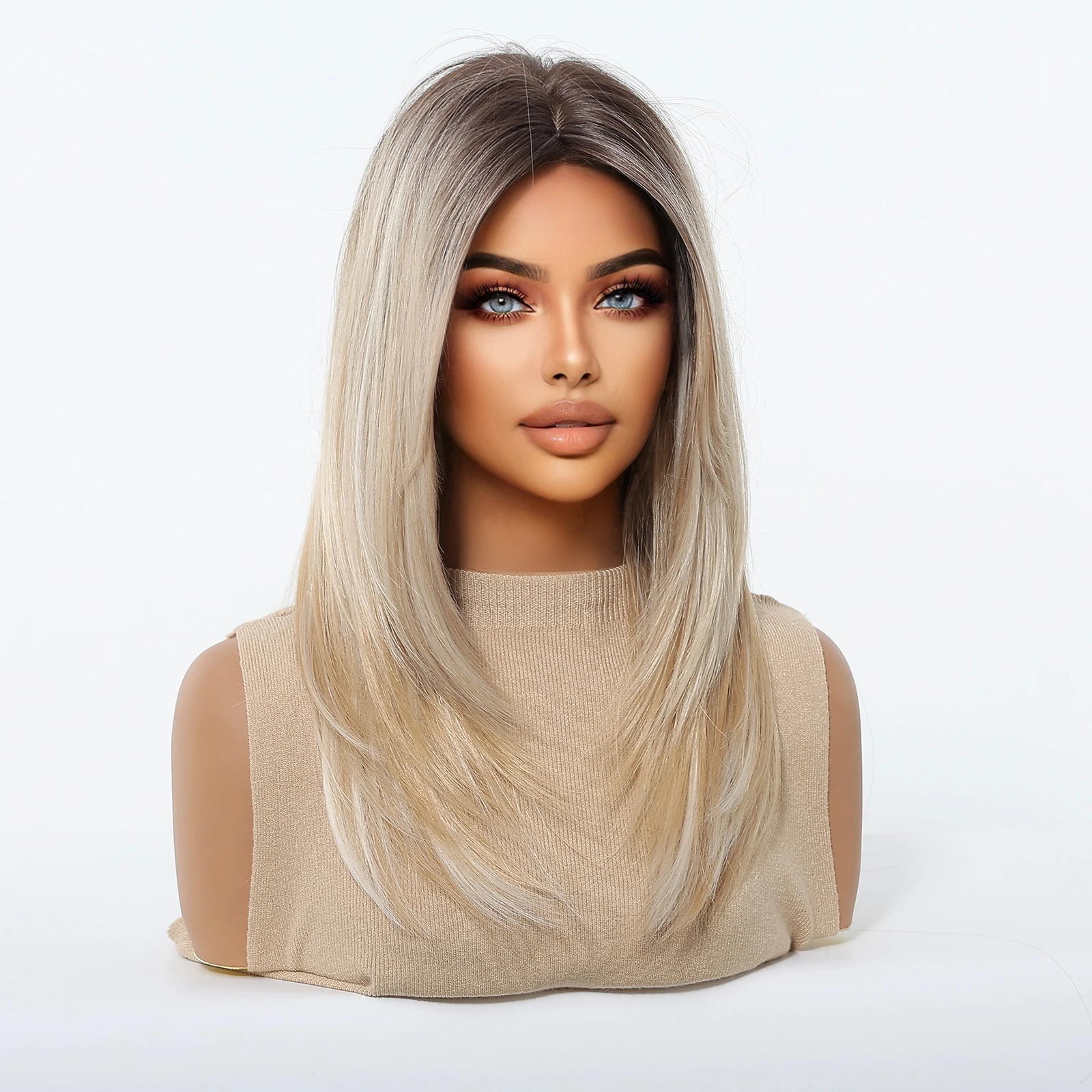 Ombre Brown Blonde Wigs For Women Ash Blonde Wig Medium Part Shoulder Length Synthetic Layered Hair For Women Daily Cosplay