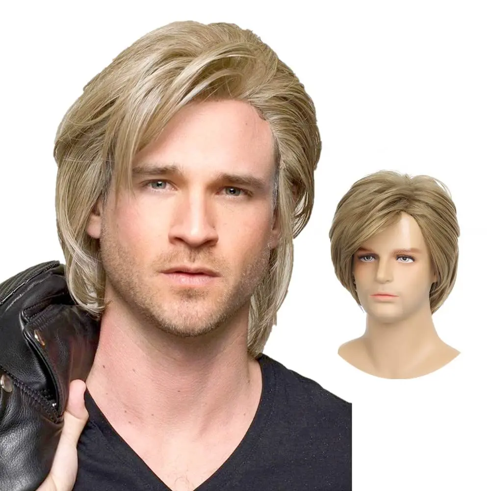 REEWES Male Synthetic Hair Wig Medium Length Straight Cosplay Wigs Heat Resistant Fiber