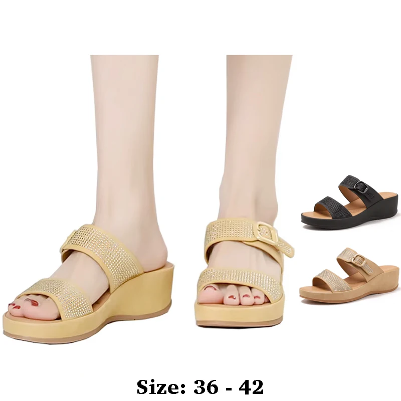 

High quality leather flat sandals for women 5cm wedge mid heel summer 2025 36 42 open toe casual beach shoe black yellow brown