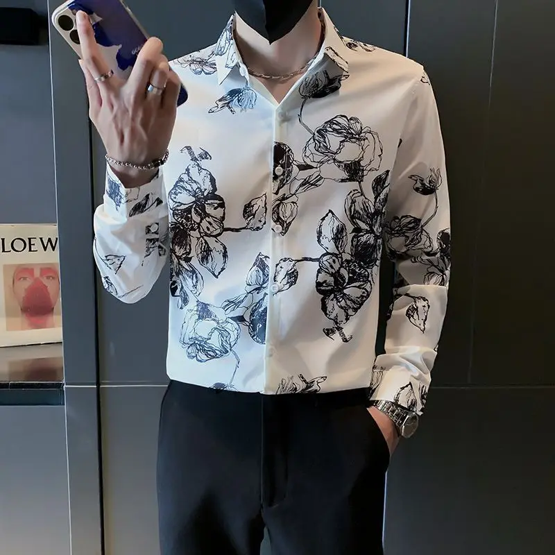 

Fashion long-sleeved shirt for men 2025 new spring lapel button splicing print versatile niche personalized men's shirt