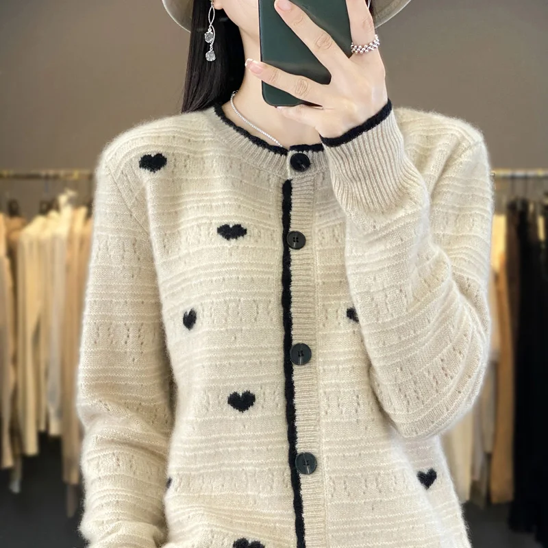 Hot selling new cardigan women\'s 100 Australian wool sweater fashionable knitted jacket cardigan women\'s O-neck wool sweater