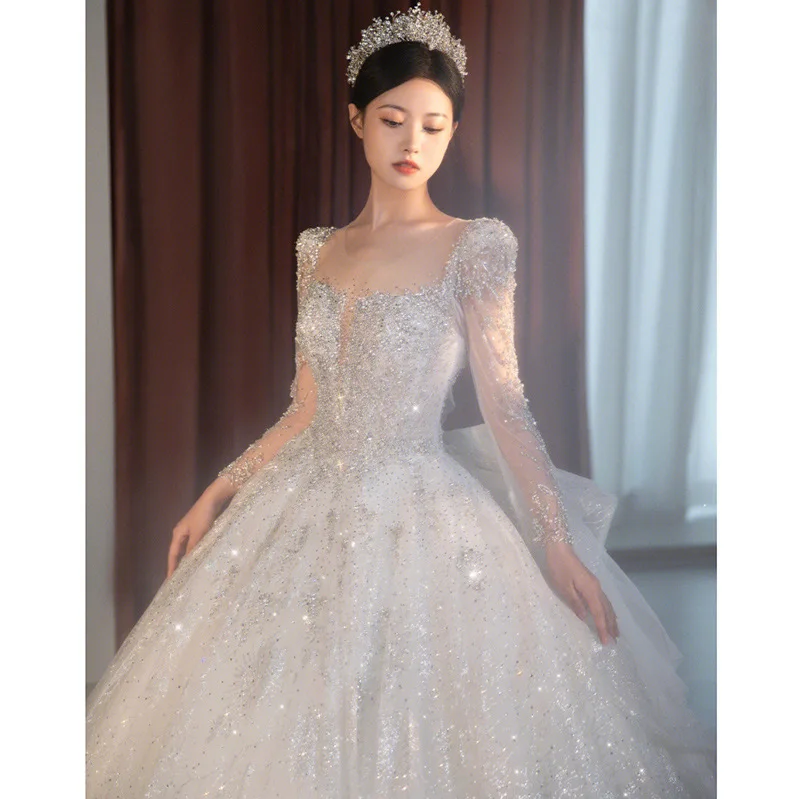 2024 Long Sleeve Beading Wedding Dress  Square Collar Luxury Sweep Train Winter Bridal Gowns Vestido De Noiva Customized