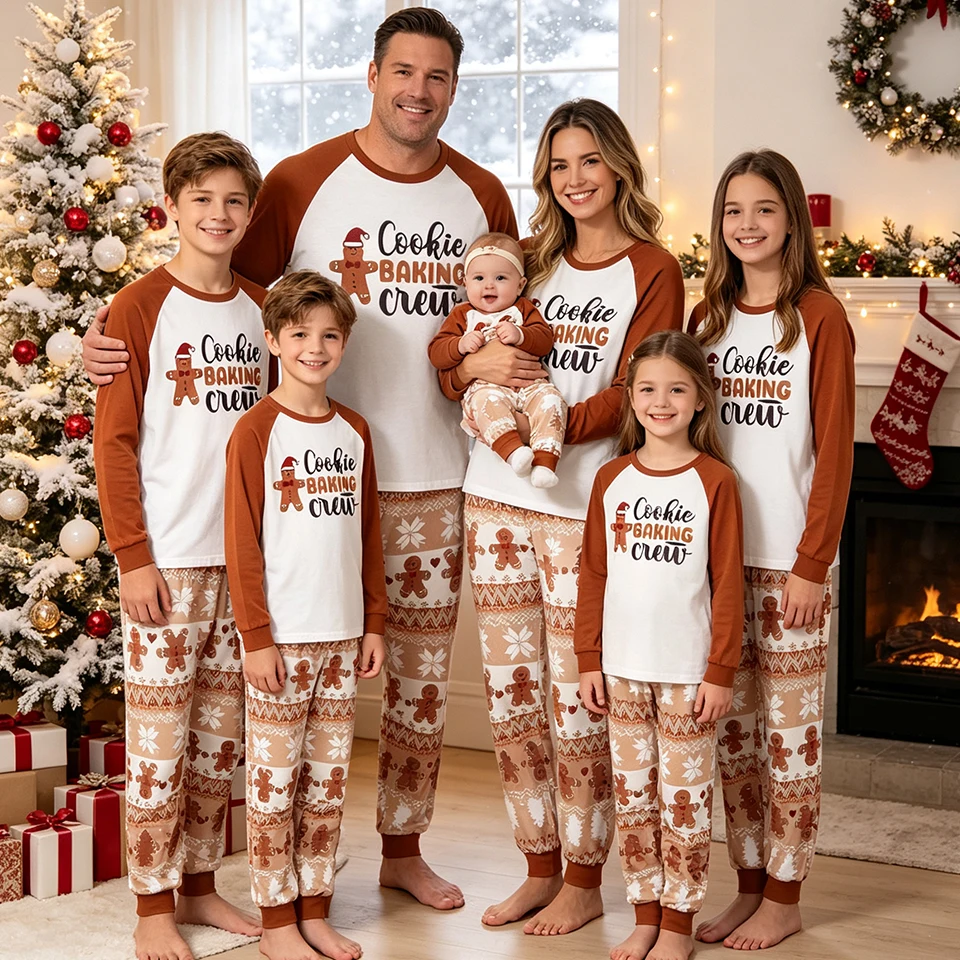 Gingerbread Man Cartoon Print Family Matching Christmas Pajamas Festive Loungewear Mom Dad Kids Toddler Infants Baby Xmas Pajama