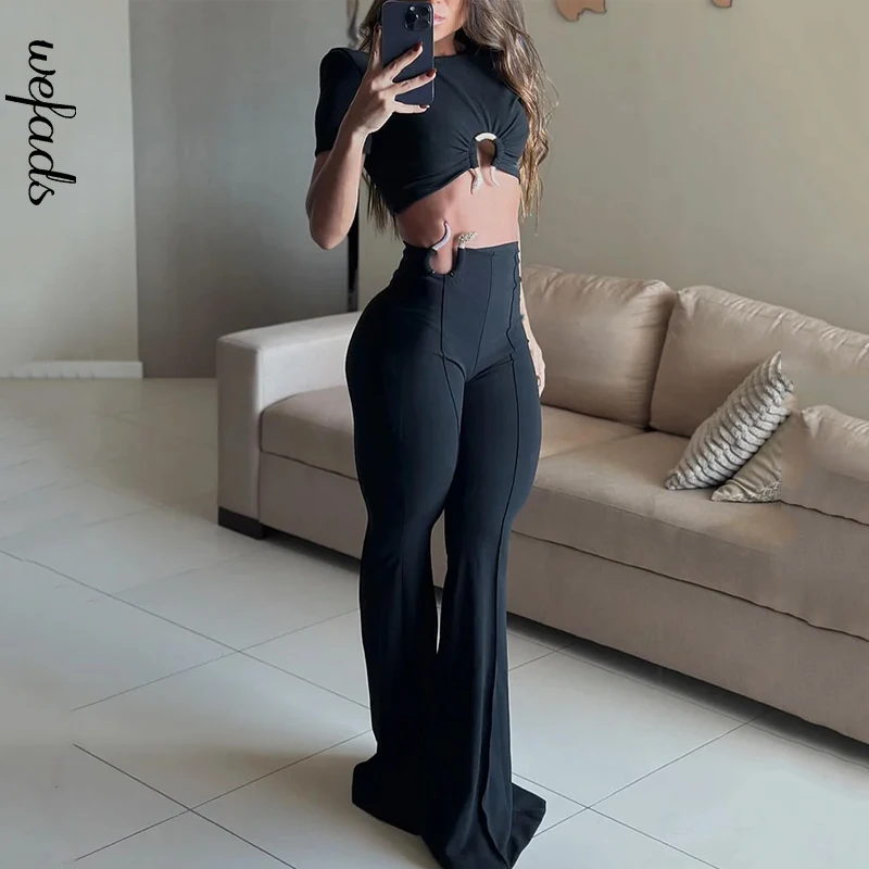 

Wefads Two Piece Set Women 2025 Newest Casual Solid Short Sleeve Round Neck High Waist Pullover Top Slim Loose Flare Pants Sets