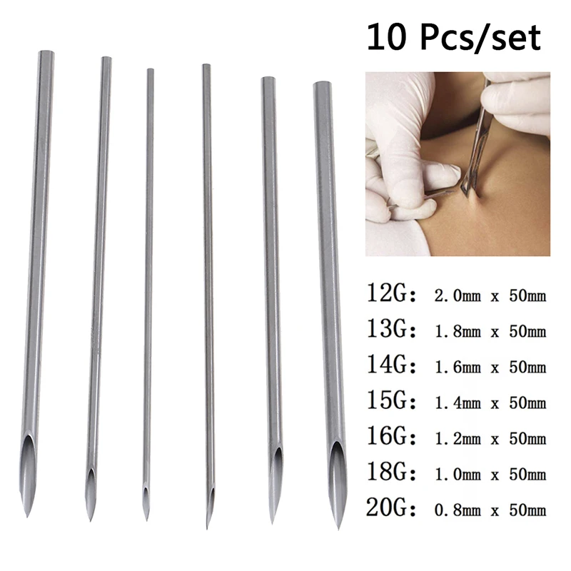 10pcs/set Needles Kit Tool 12g/14g/16g/18g/20g Disposable Tattoo Piercing Needles For Navel Nipple Ear Nose Lip Tattoo Piercing