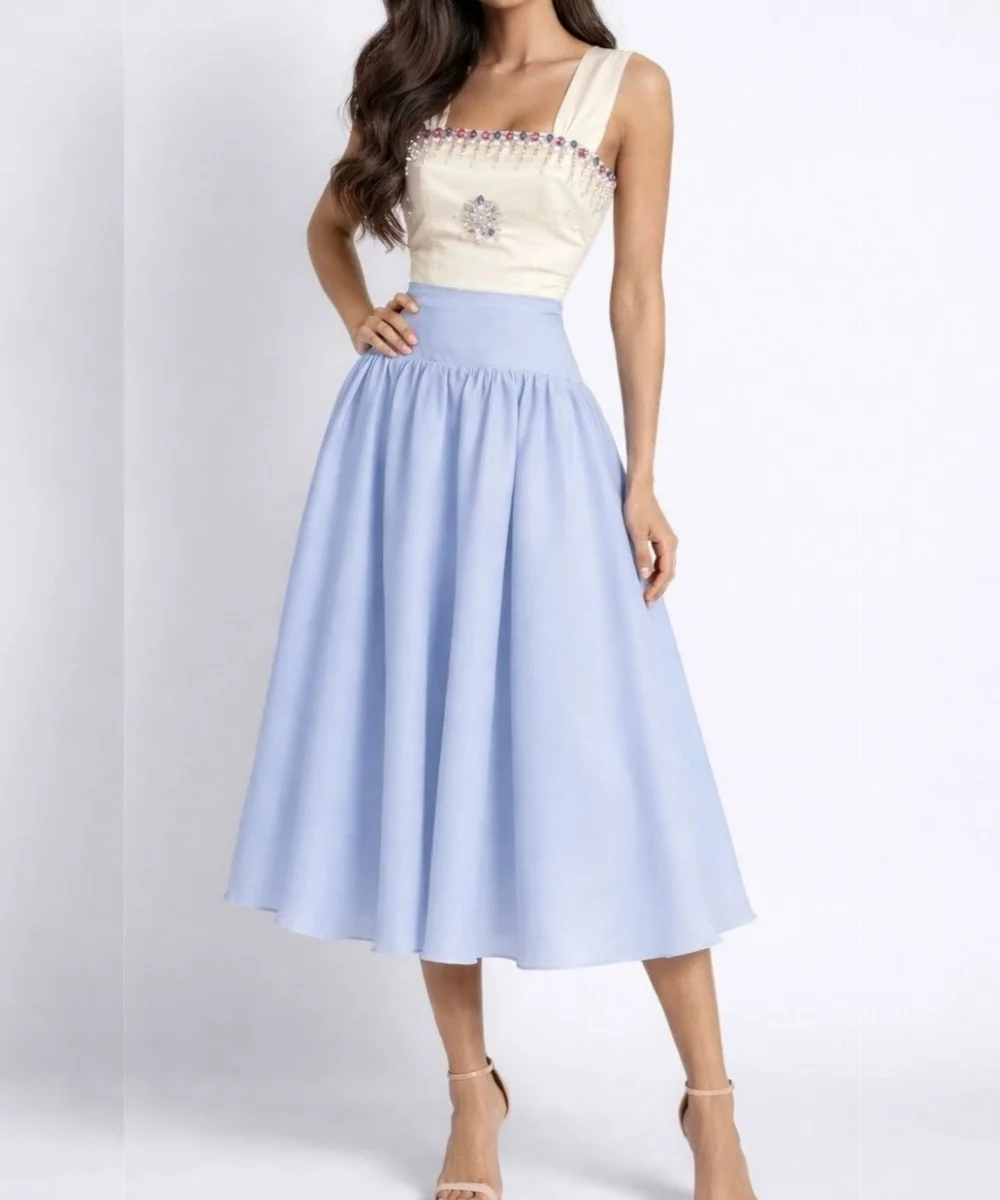 

Customized Formal Charmeuse Pleat Sequined A-line Square Neck Midi Bespoke Occasion Prom Dresses High Quality