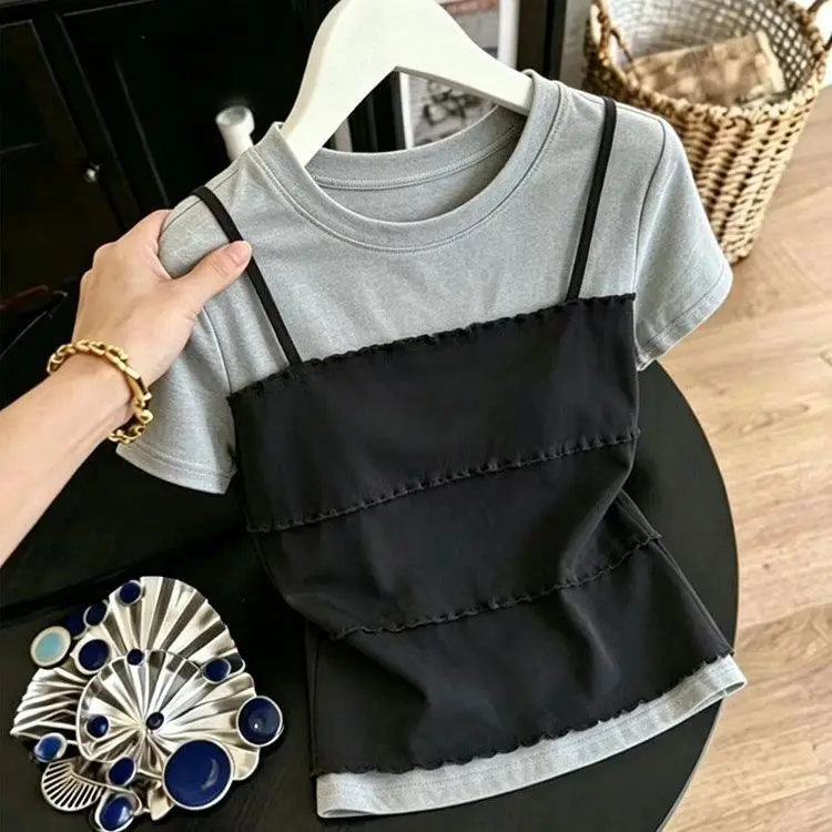 Summer New Fashion Splice Lightweight Luxury Short Sleeve T-Shirt Women's Loose Matching Wave  Design Casual Top