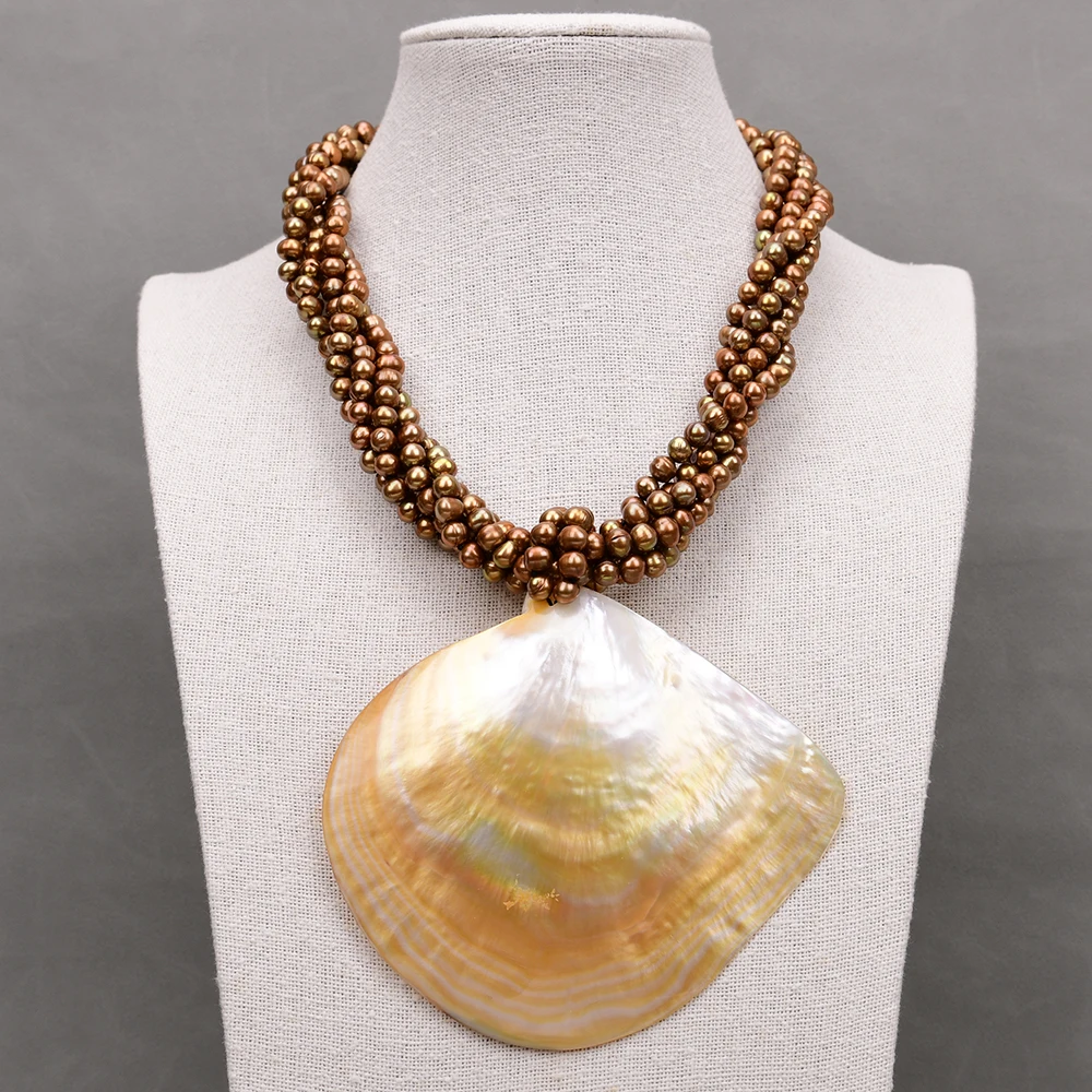 G-G 19\'\' 5 Rows Natural Coffee Potato Round Pearl Necklace Big Yellow Sea Shell Pendant Handmade For Lady