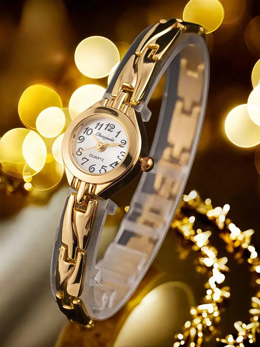 

Элегантные маленькие кварцевые наручные часы золотистого цвета для женщин с прозрачным ремешком.