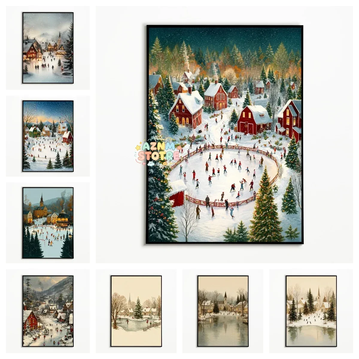 1PC Winter Ice‑Skating Town Art Poster Christmas Snow‑Scene Village Wall Art  Modern Canvas Printing Room Wall Decor Home Dec