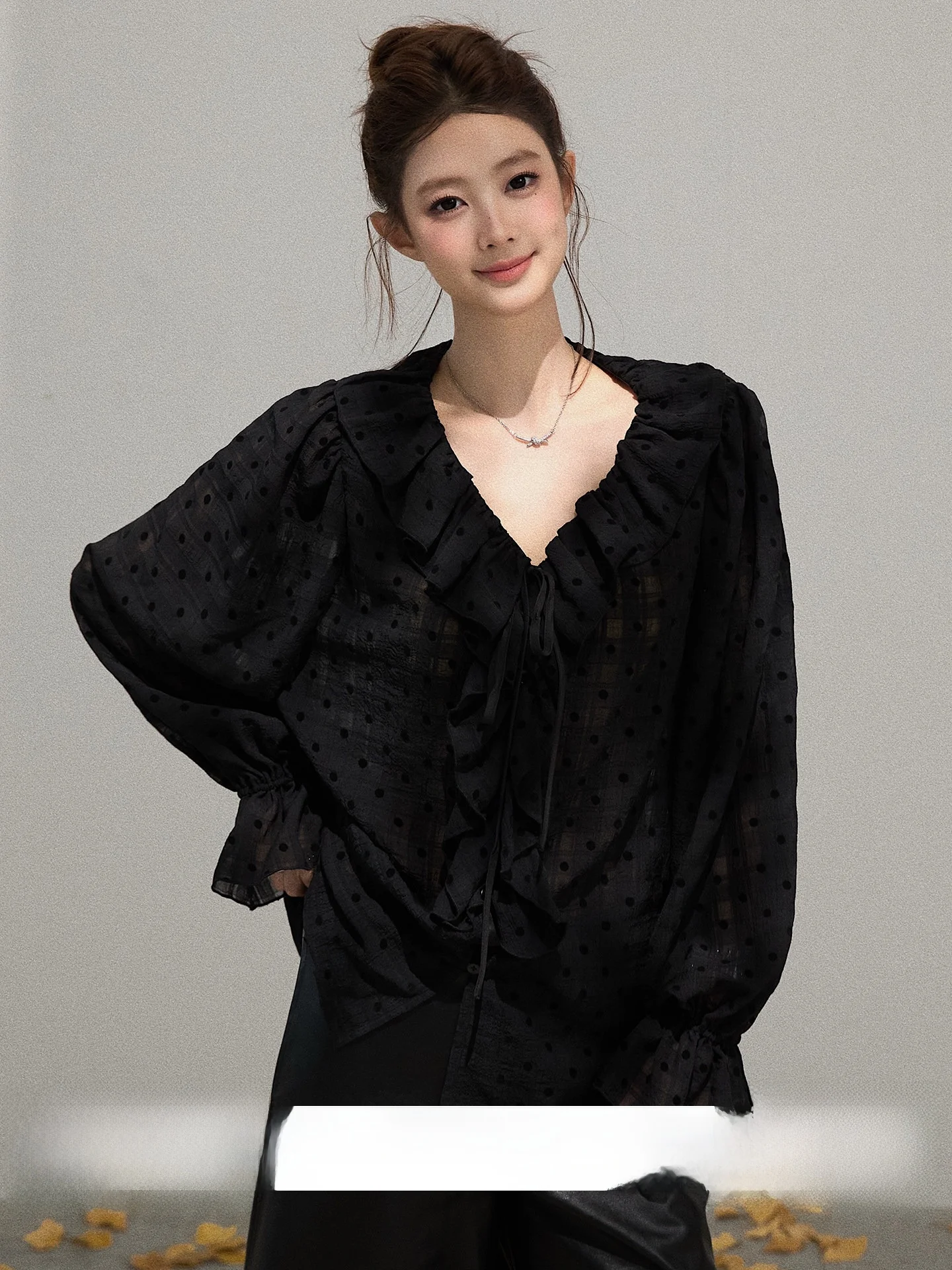 

Bla Polka Dot Long Sve V Ne Свободный женский irt Ранняя осень Утягивающий дизайн Повседневный топ Casual Faion