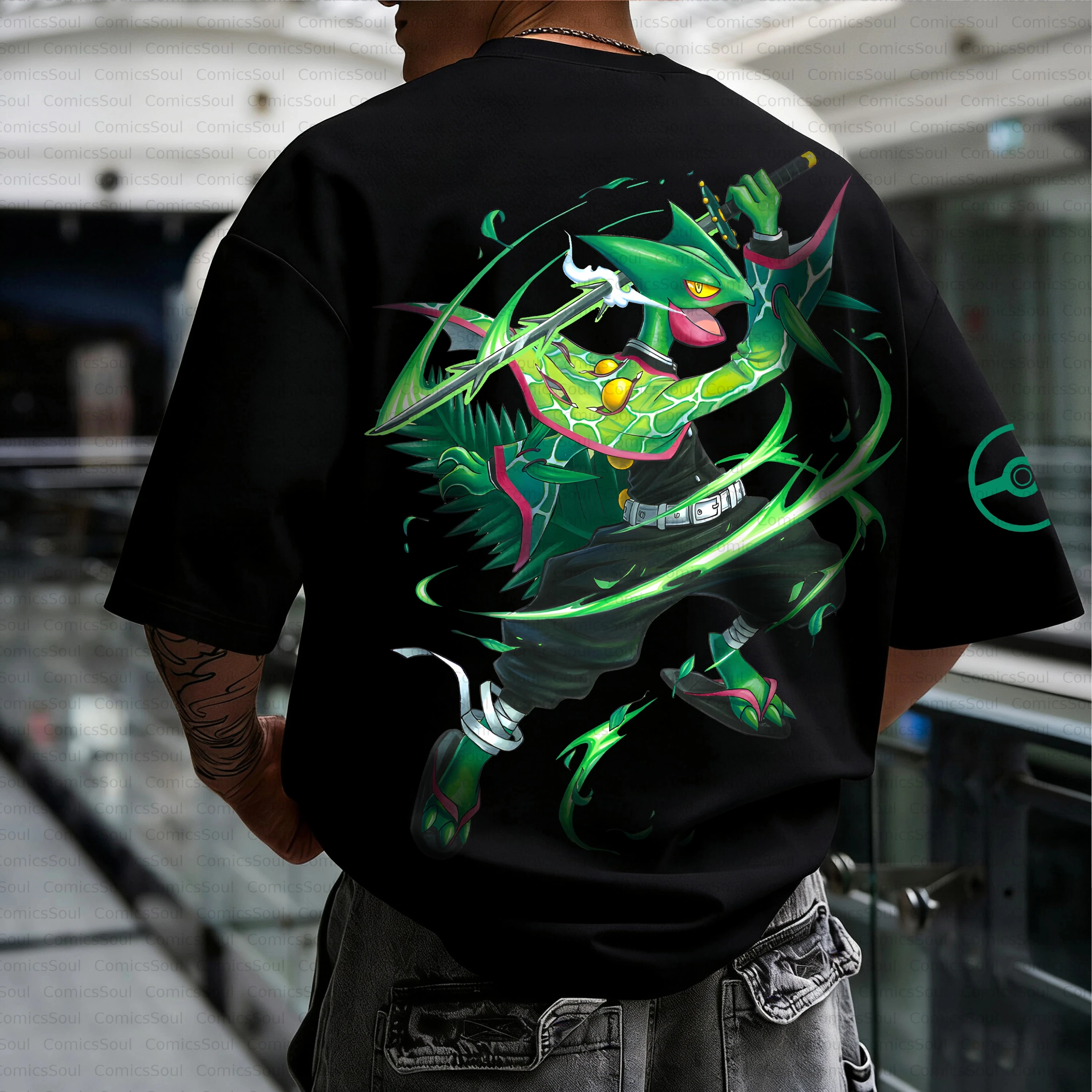 

Летняя футболка 2026 года с принтом покемона Септил, зеленый лист, лезвие и желтые глаза, свободный крой, унисекс, повседневная