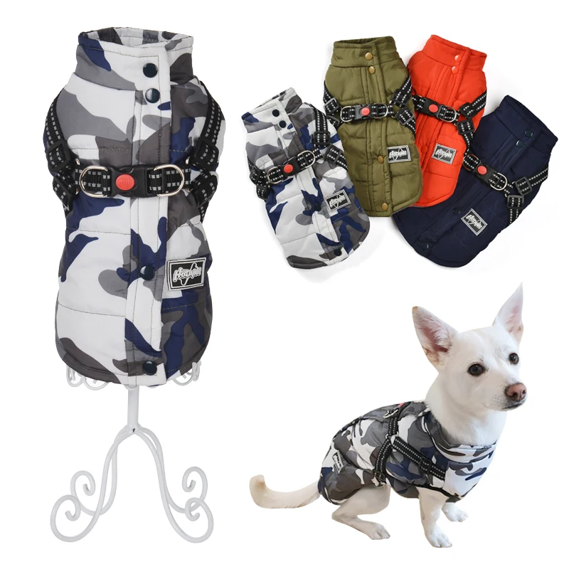 Haustier-Hundejacke mit Geschirr für kleine und mittelgroße Hunde, warme Winterkleidung, Chihuahua, französische Bulldogge, Mops-Outfits, Welpenweste, Mäntel
