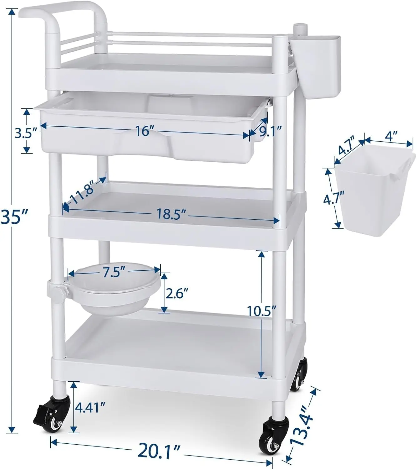 3 Tier Mobile Medical Trolley Cart With Wheels Rolling Utility Drawers Dirt Basin Storage Buckets Hospital Dental Clinic Lab Sal