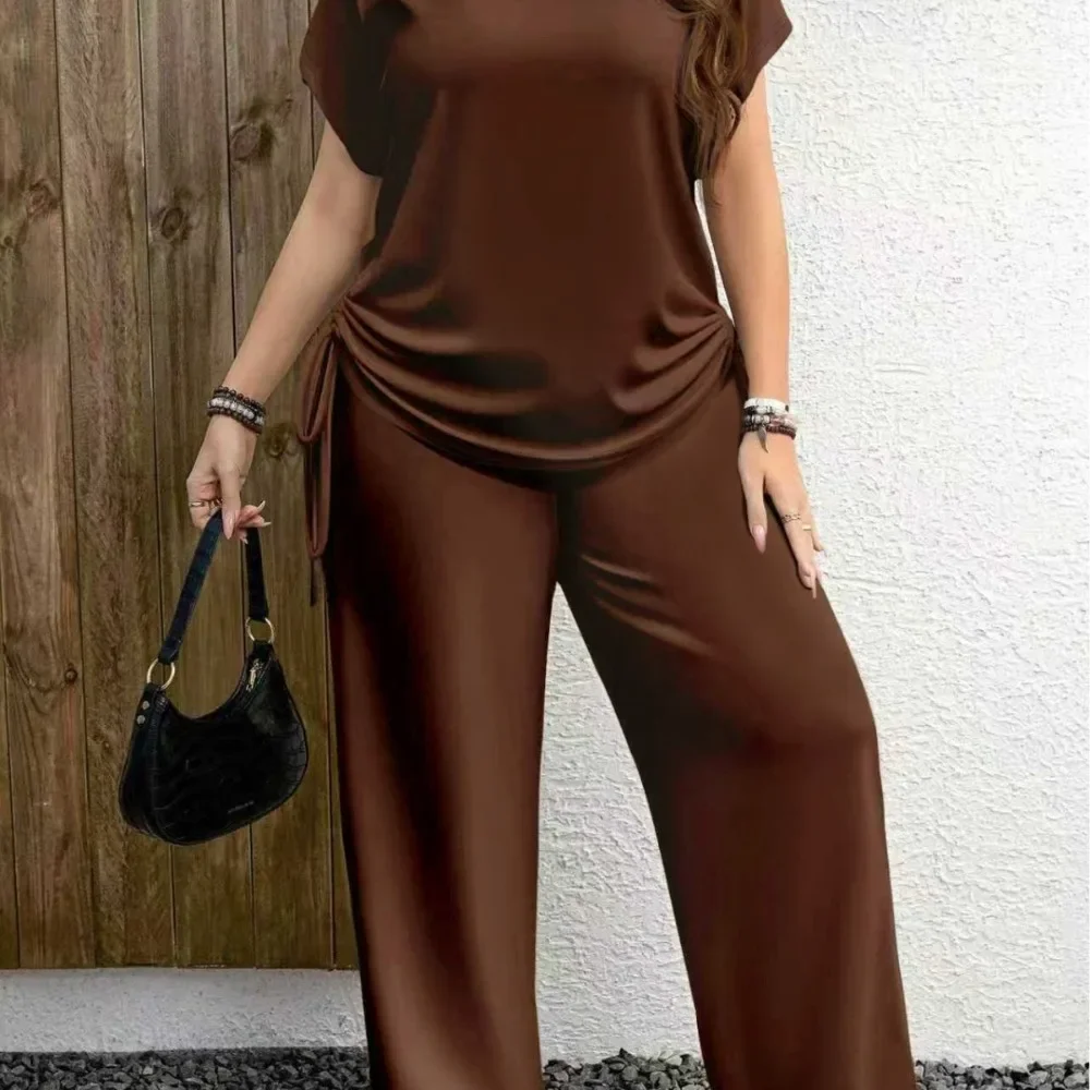 Women 2Pcs Loungewear Set Short Sleeve Top Long Pants Soft Casual Pajamas Wearable Outside Spring Summer Homewear
