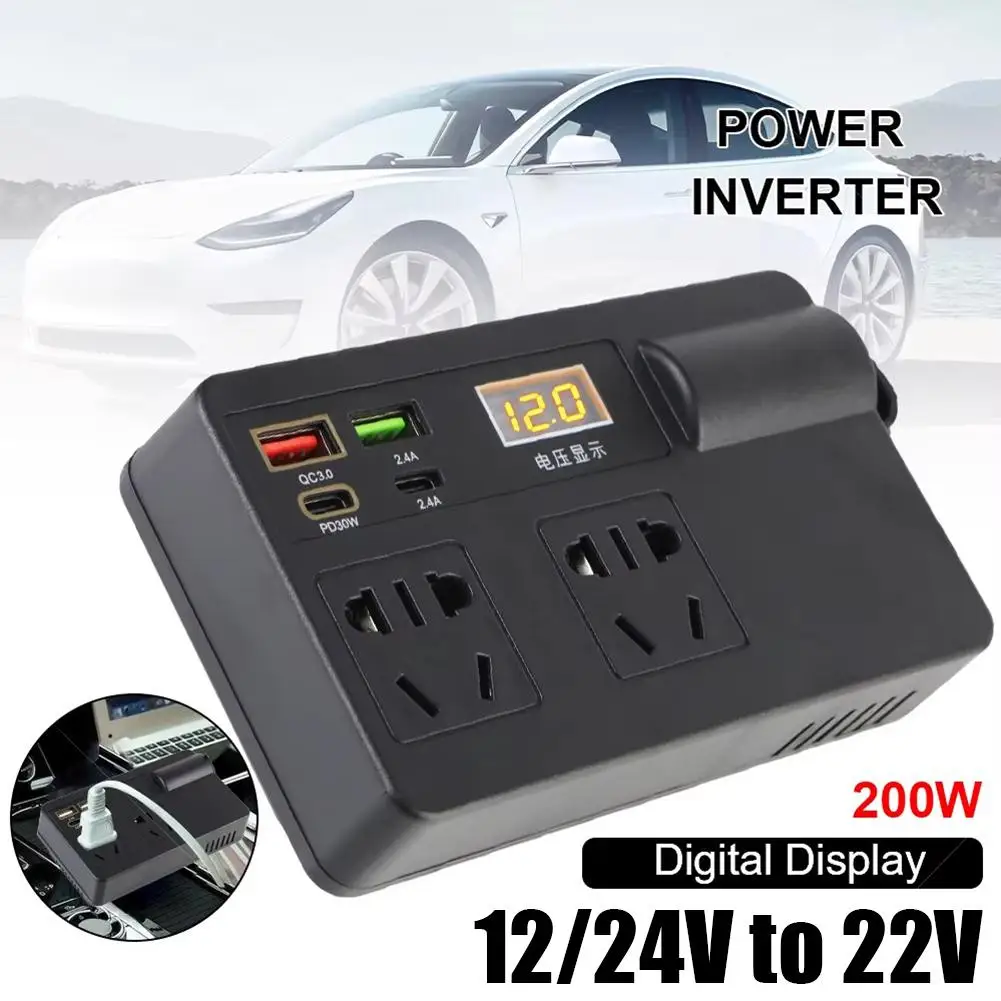 12V/24V Car Inverter 200W DC To AC 220V With Converter Switch QC 3.0 USB/PD/Type-C Chargers Power Adapter Voltage Detection Tool