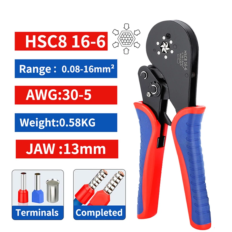 HSC8 16-6 Rachet Crimping Plier Wire Ferrule Sleeves Crimper,Tubular Terminals Household Electrical 0.08-16mm² Clamp Tool Kit